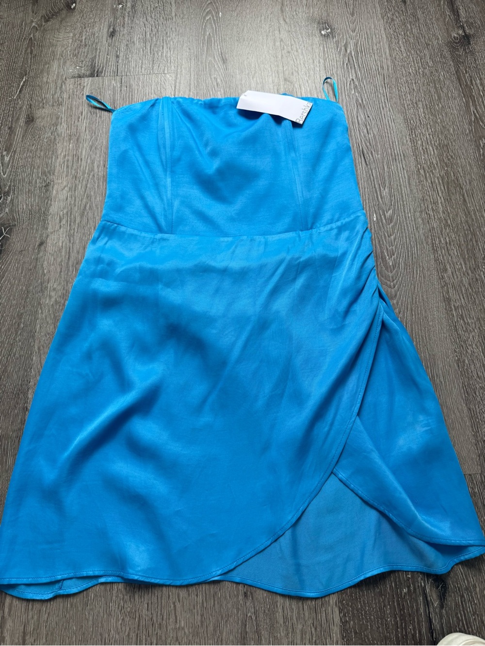 Bershka Satin Strapless Ruched Wrap Mini Dress Turquoise Blue Size Large NWT